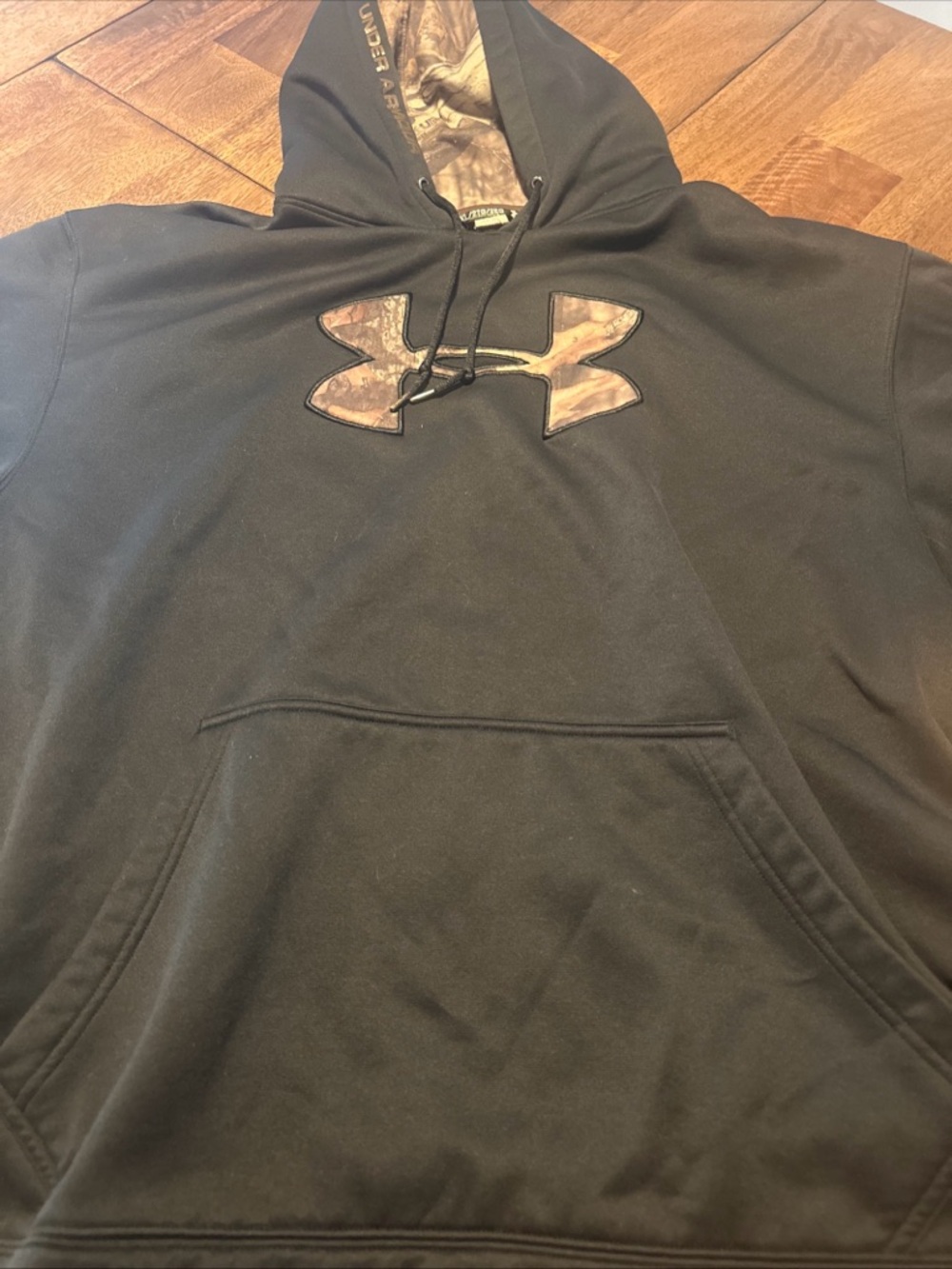 Under Armour Black Hoodie with Camo Mossy Oak Break Up Logo and Lined Hood